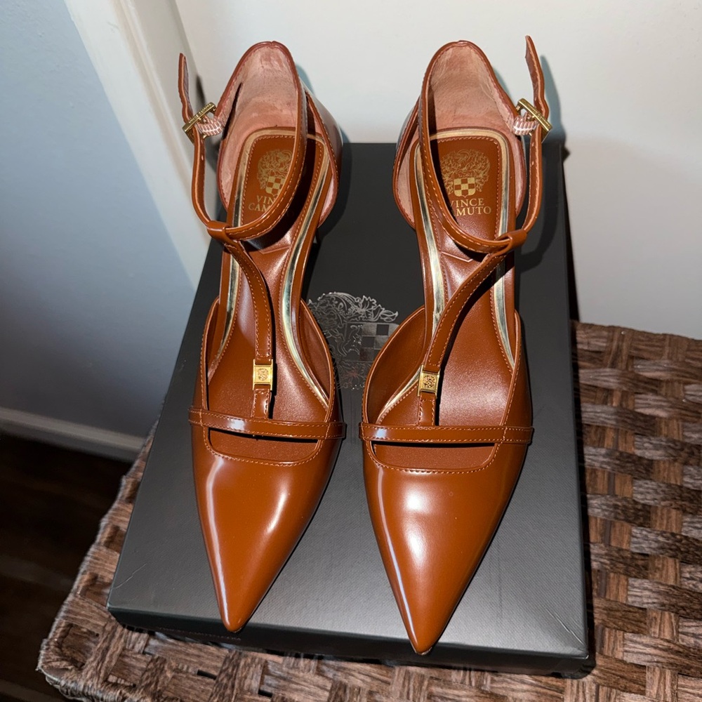 Vince Camuto Cognac Pointed T-Strap Pumps NIB